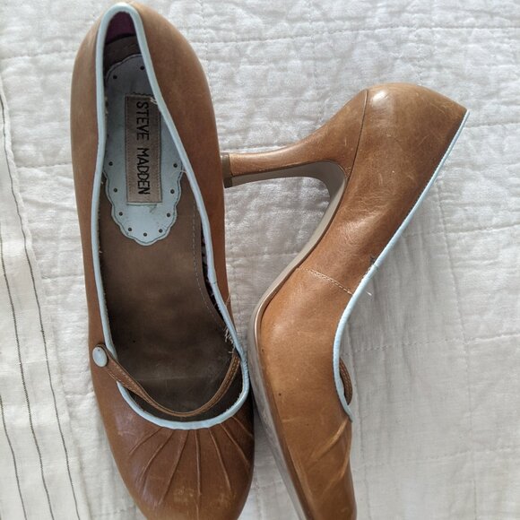 Steve Madden Precious‎ Mary Jane Pump Heels 10B Cognac Leather Sky Blue - Picture 3 of 3